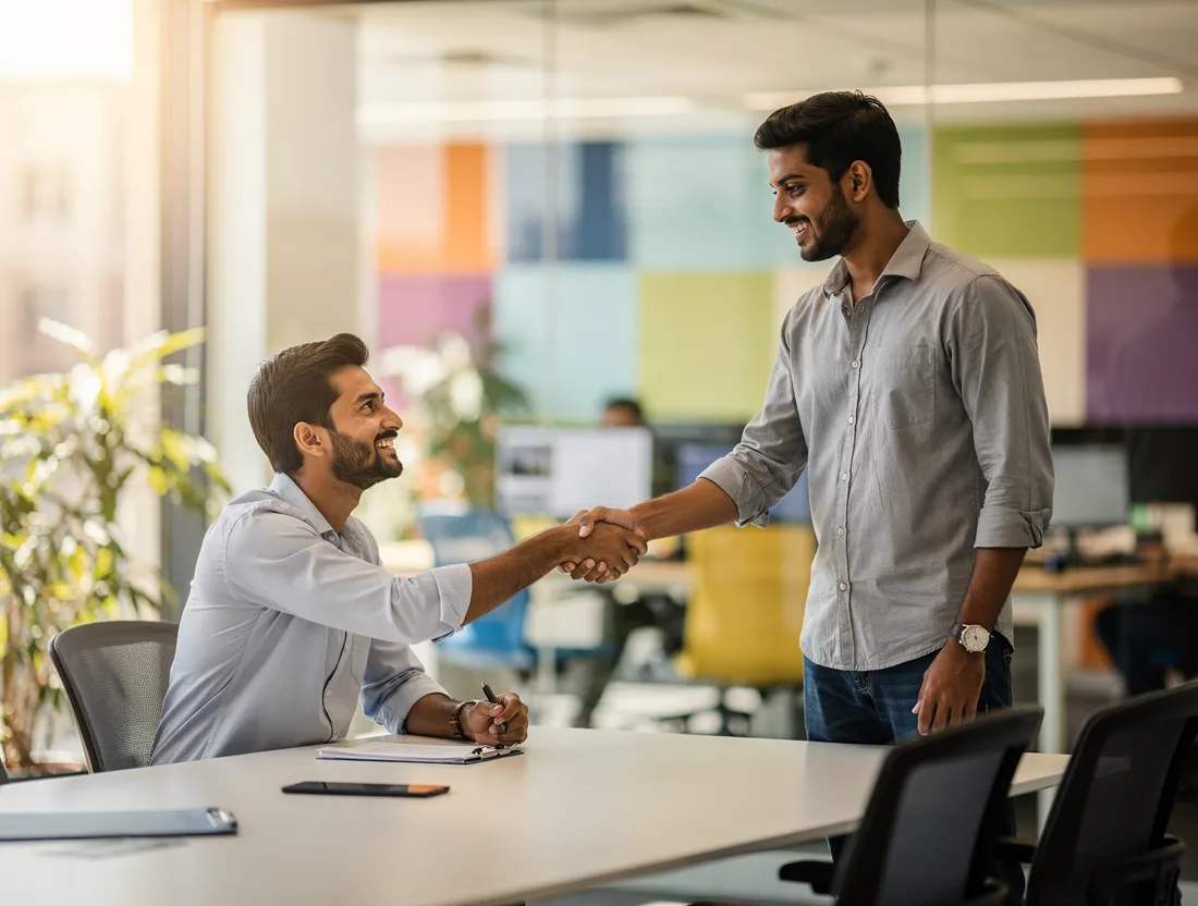 A developer shaking hands after a successful job interview
