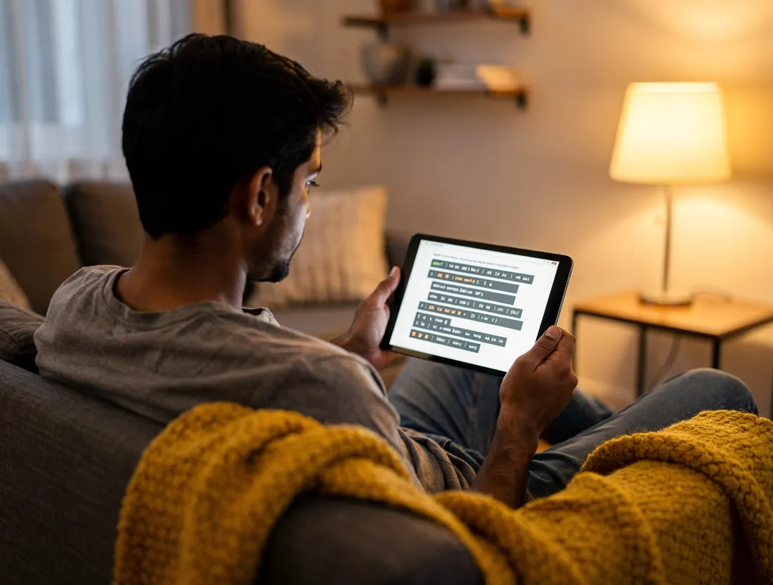 A reader studying a programming book on a tablet